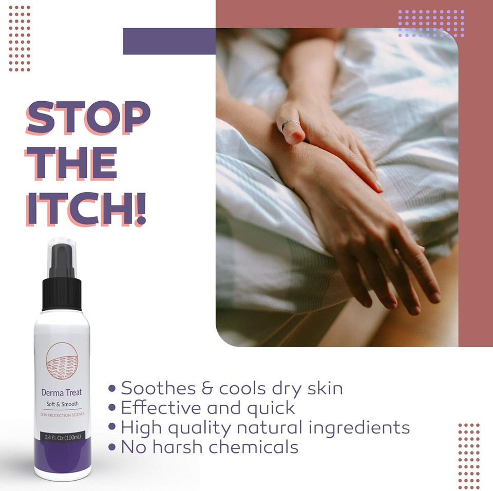 Psoriasis and Pruritus Treatment by DERMA TREAT I 100 ml I Itch moisturiser and eczema spray I Contains Magnesium oil & Aloe Vera I Ailing scaly skin and hydration I 100% Organic Ingredients