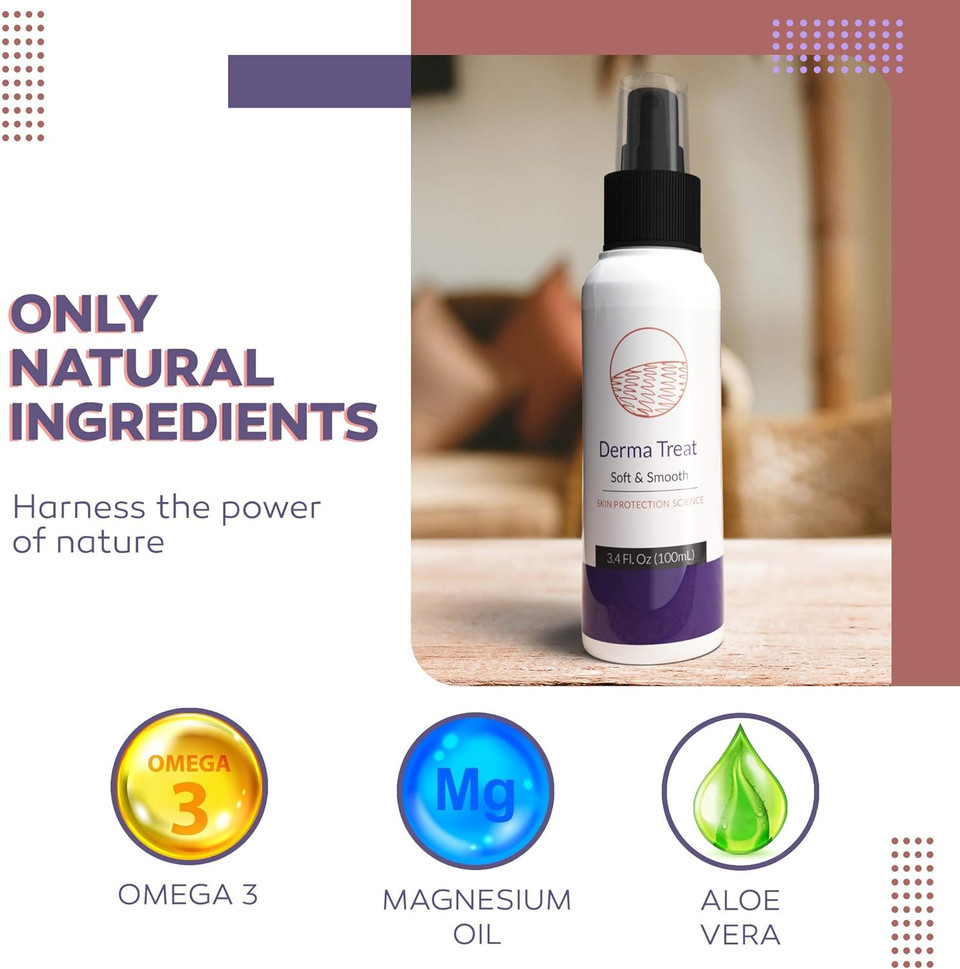 Psoriasis and Pruritus Treatment by DERMA TREAT I 100 ml I Itch moisturiser and eczema spray I Contains Magnesium oil & Aloe Vera I Ailing scaly skin and hydration I 100% Organic Ingredients