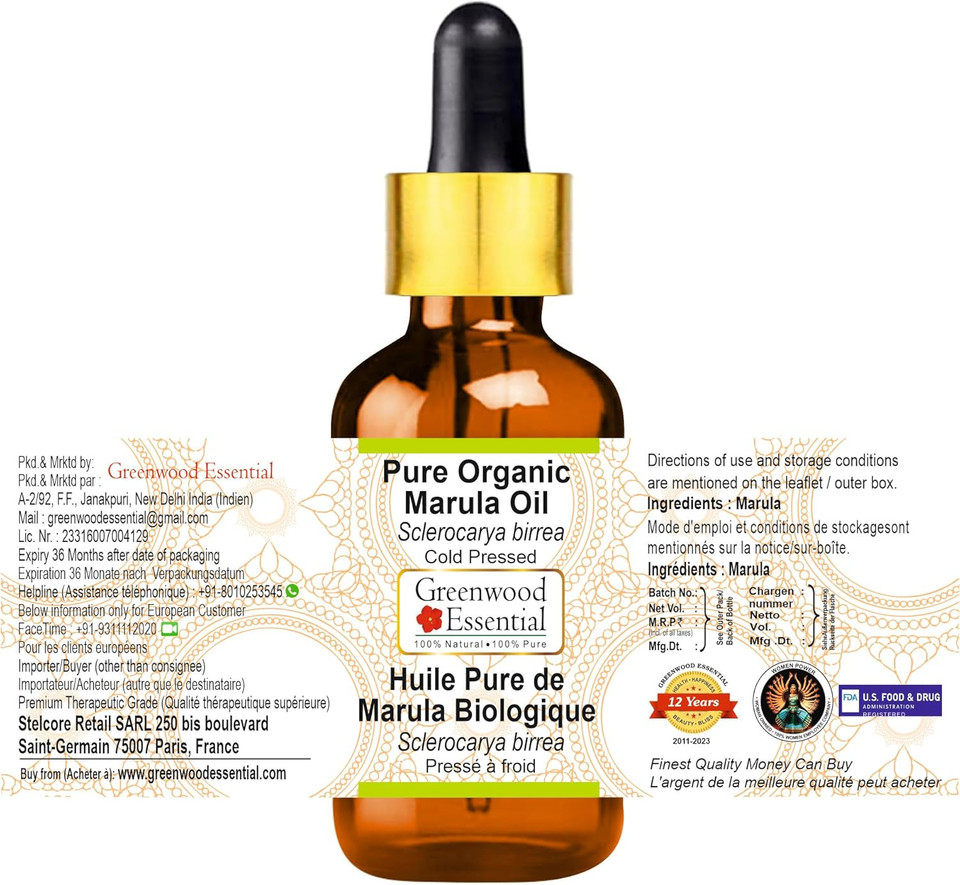 Greenwood Essential Pure Organic Marula Oil (Sclerocarya birrea) with Glass Dropper Cold Pressed 50ml (1.69 oz) Greenwood Essential Pure Organic Marula Oil (Sclerocarya birrea) with Glass Dropper Cold Pressed 50ml (1.69 oz)