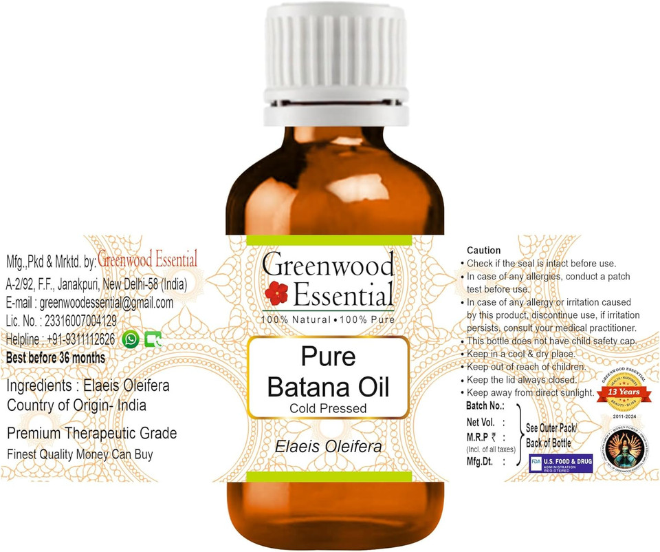 Greenwood Essential Pure Batana Oil (Elaeis oleifera) Cold Pressed 10ml (0.33 oz)