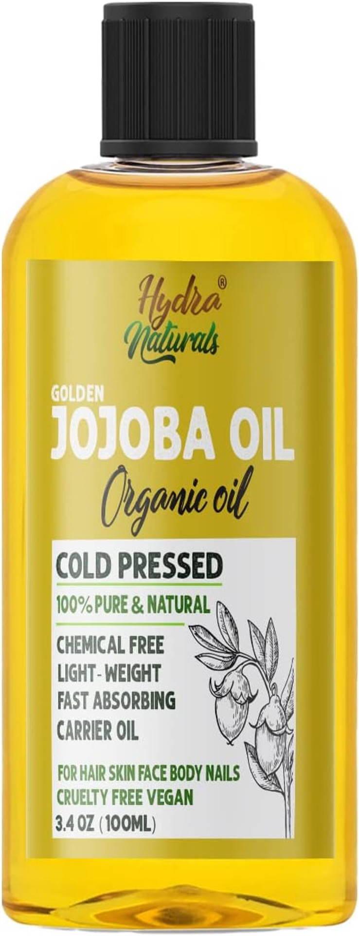 100% Pure Golden Jojoba Oil Organic Cold Pressed Unrefined Virgin Hexane Free for Face, Hair, Body, Skin Care, Cuticles, Massage Carrier Oil 100ml (Israel)