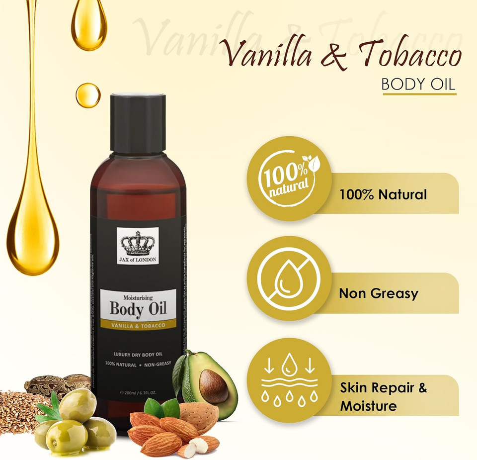 Jax of London 200ml Attraction for Men, Inspired Body Oil, Moisturising Massage Oil for Skin, For all types of Skin, Suitable for Massage, Firming, Stretch Marks, Aromatherapy, & Relaxation Jax of London 200ml Attraction for Men, Inspired Body Oil, Moisturising Massage Oil for Skin, For all types of Skin, Suitable for Massage, Firming, Stretch Marks, Aromatherapy, & Relaxation