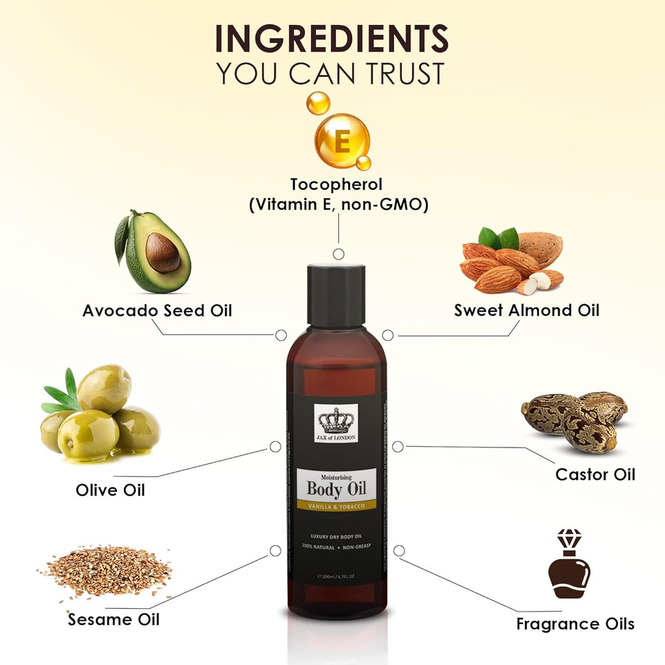 Jax of London 400 ml Signature Body Oil, Inspired Male Body Oil, Moisturising Massage Oil for Skin, Quick Drying, Stretch Marks, body oil for dry skin, Suitable for Massage, Aromatherapy, & Relaxation Jax of London 400 ml Signature Body Oil, Inspired Male Body Oil, Moisturising Massage Oil for Skin, Quick Drying, Stretch Marks, body oil for dry skin, Suitable for Massage, Aromatherapy, & Relaxation