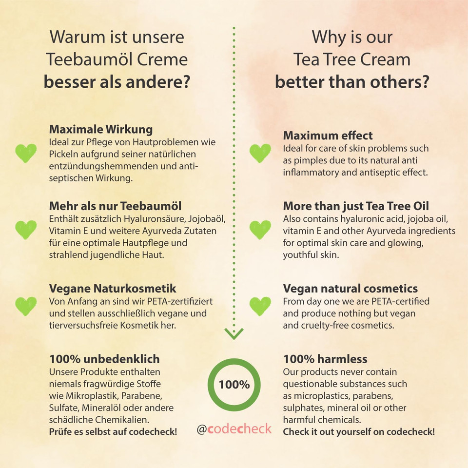 Tea Tree Oil Cream 100ml, 100% organic & vegan, natural cosmetics care for blemished skin, inflammatory skin conditions, anti-pimples and acne