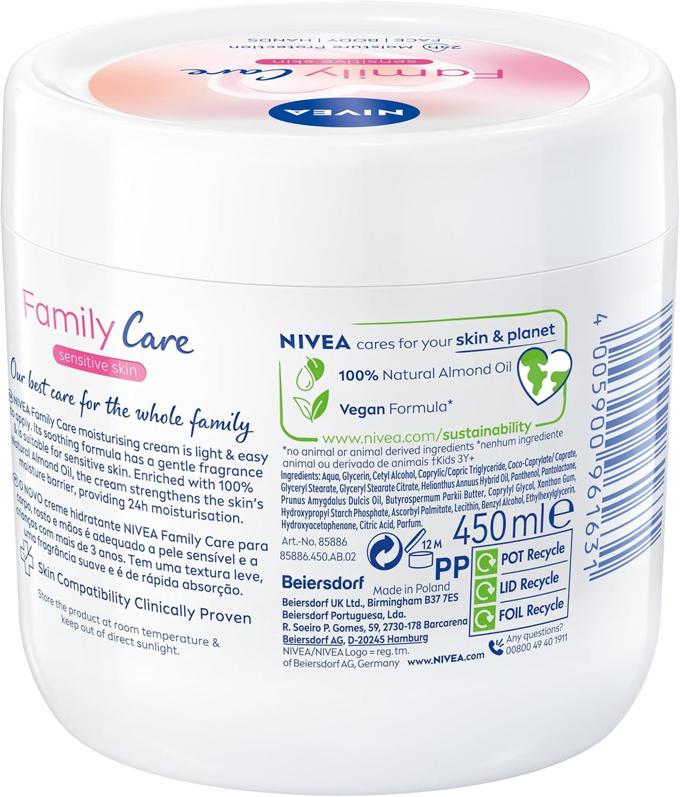 NIVEA Almond, Family Care Sensitive Moisturising Cream, Body Cream for Dry Skin, Sensitive Skin Moisturiser with Natural Almond Oil, Suitable for the Whole Family, 450 ml (Pack of 1) NIVEA Almond, Family Care Sensitive Moisturising Cream, Body Cream for Dry Skin, Sensitive Skin Moisturiser with Natural Almond Oil, Suitable for the Whole Family, 450 ml (Pack of 1)