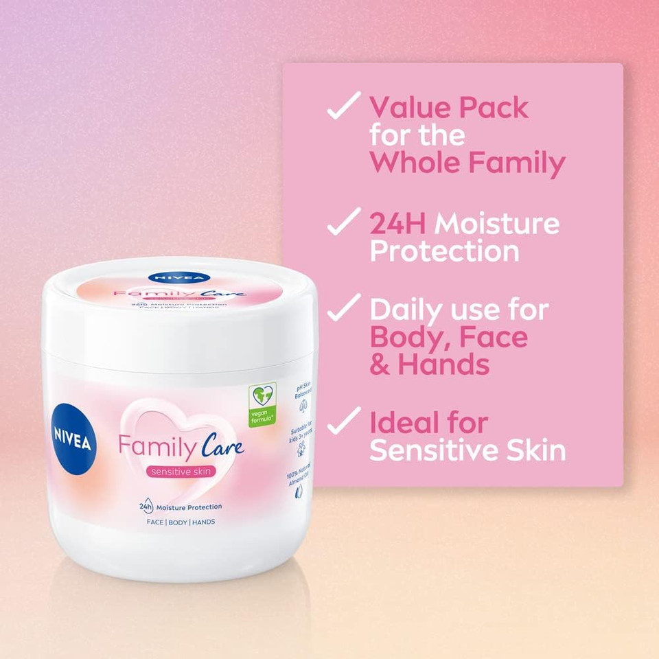 NIVEA Almond, Family Care Sensitive Moisturising Cream, Body Cream for Dry Skin, Sensitive Skin Moisturiser with Natural Almond Oil, Suitable for the Whole Family, 450 ml (Pack of 2)