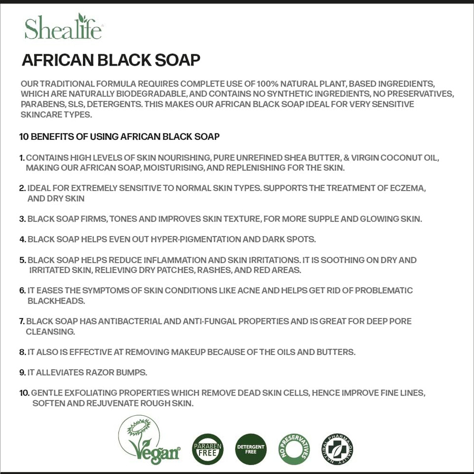 African Black Soap Liquid, 500ml,16.9 Fl Oz, Unscented made using Unrefined Shea Butter & Virgin Coconut Oil. Contains No SLS, Detergents & Parabens. Ideal For Sensitive Skin types. Shealife, 500ml
