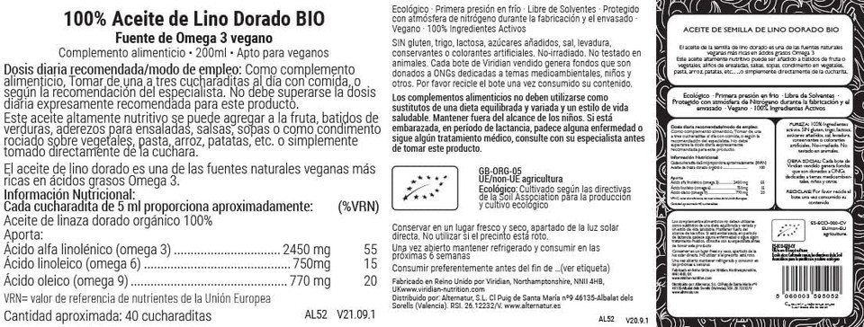 Viridian 100% Organic Golden Flaxseed Oil 200ml