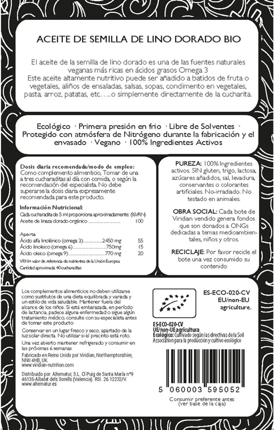 Viridian 100% Organic Golden Flaxseed Oil 200ml