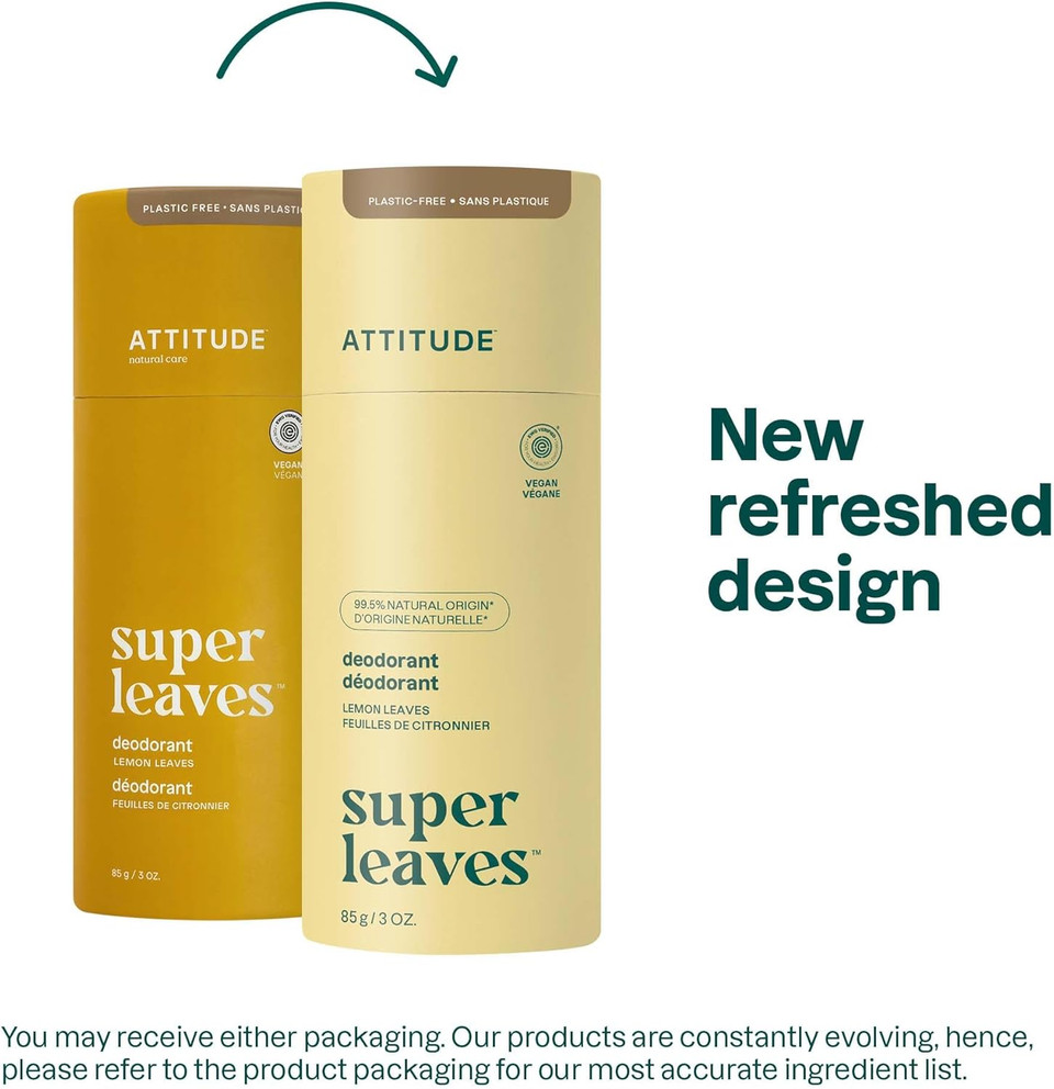 ATTITUDE Plastic-Free Deodorant, EWG Verified, Aluminum Free, Vegan Naturally Sourced Body Deodorants for Women & Men, Dermatologically Tested, White Tea Leaves, 85 grams