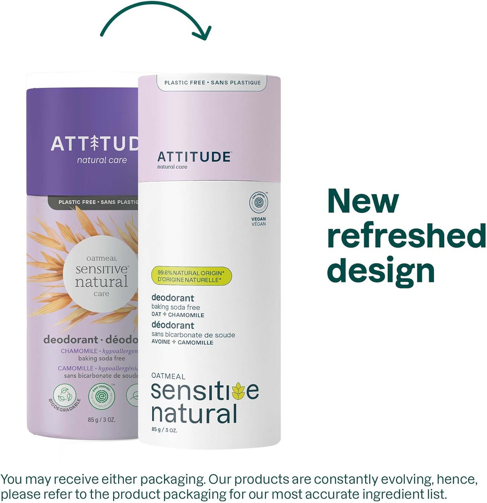 ATTITUDE Baking Soda Free Deodorant for Sensitive Skin with Oatmeal and Chamomile, EWG Verified, Aluminum Free, Plastic-Free, 85 Grams