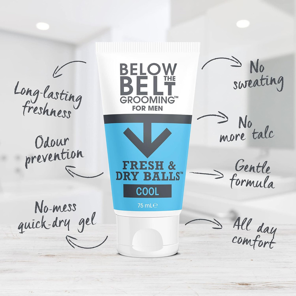 Below The Belt Grooming Fresh & Dry Ball Intimate Deodorant and Anti Chafing Cream For Men, Protects against Sweat, Odour and Chafing, Fresh Scent 2 x 75ml