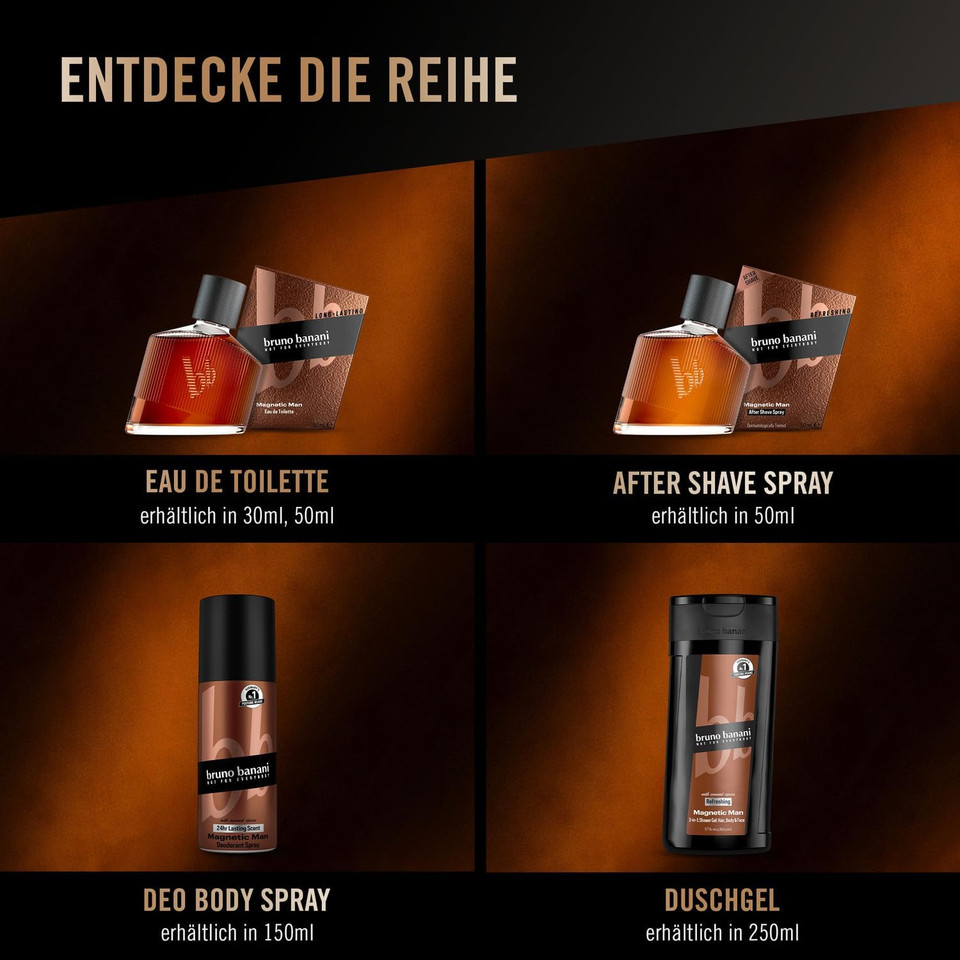 bruno banani Magnetic Man Deodorant Body Spray, Body Spray with Captivating Woody Amber Note, 24-Hour Hold, 150 ml