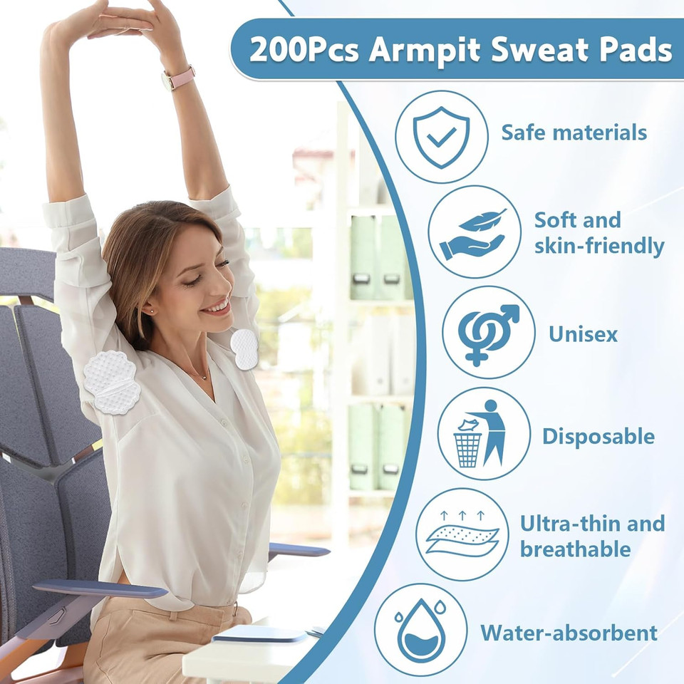 200Pcs Armpit Sweat Pads, Disposable Underarm Sweat Pad Under Arm for Men Women, Invisible & Ultra-Thin & Soft Sweat Pads for Outdoor Daily Wear