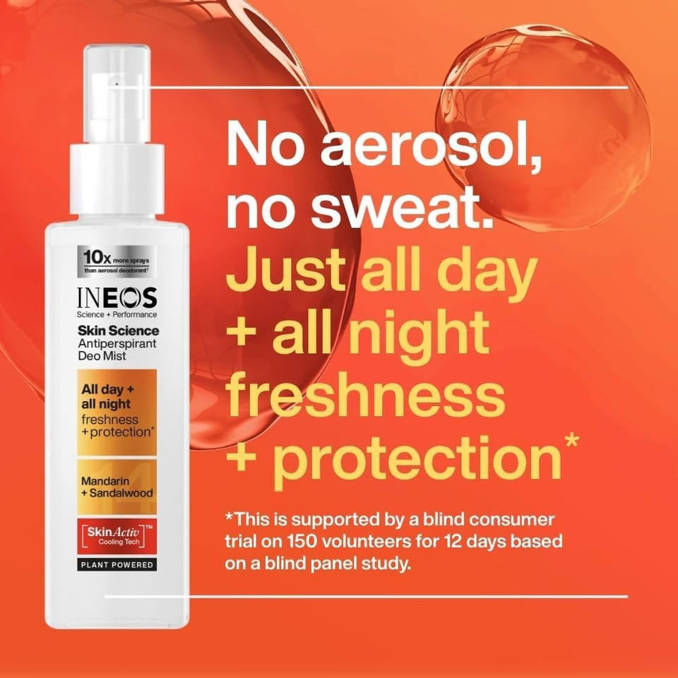 INEOS Skin Science, All Day + Night 24H Freshness + Protection Antipersprirant Deodorant Mist Spray Mandarin + Sandalwood, Aerosol Free + Lasts 10X Longer Than Ordinary Antiperspirant, Plant Powered