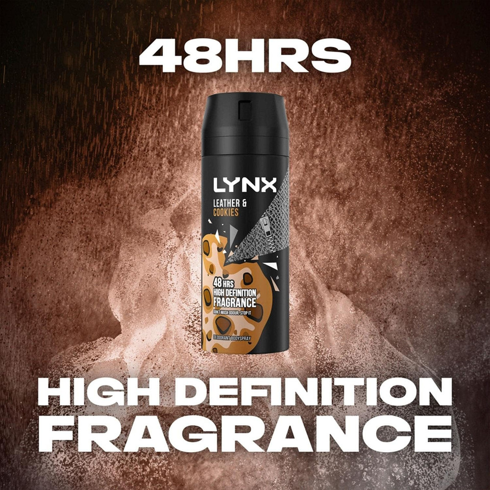 6 Pack of 150ml Lynx Leather & Cookies 48hrs High Definition Fragrance Deodorant Bodyspray