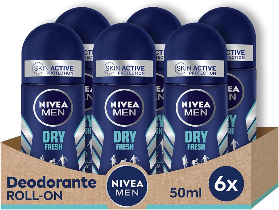 NIVEA MEN Dry Fresh Roll-on Deodorant 6 x 50 ml, Men's Air Freshener with Dual Active formula, Anti-breathable deodorant for 72 h intense freshness on the skin