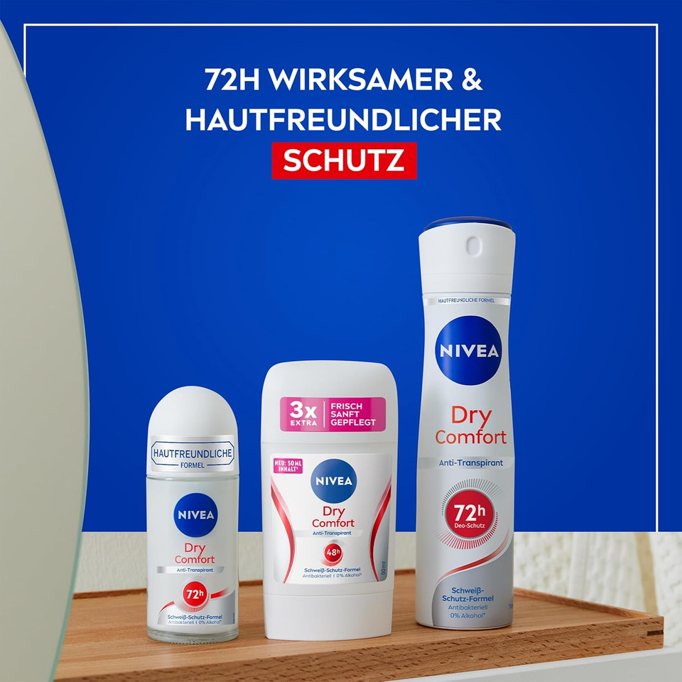 NIVEA Dry Comfort Roll-On Deodorant (50 ml), Re Antiperspirant with Minerals for Dry Skin Feeling, with 48h Protection and Dual Active Formula