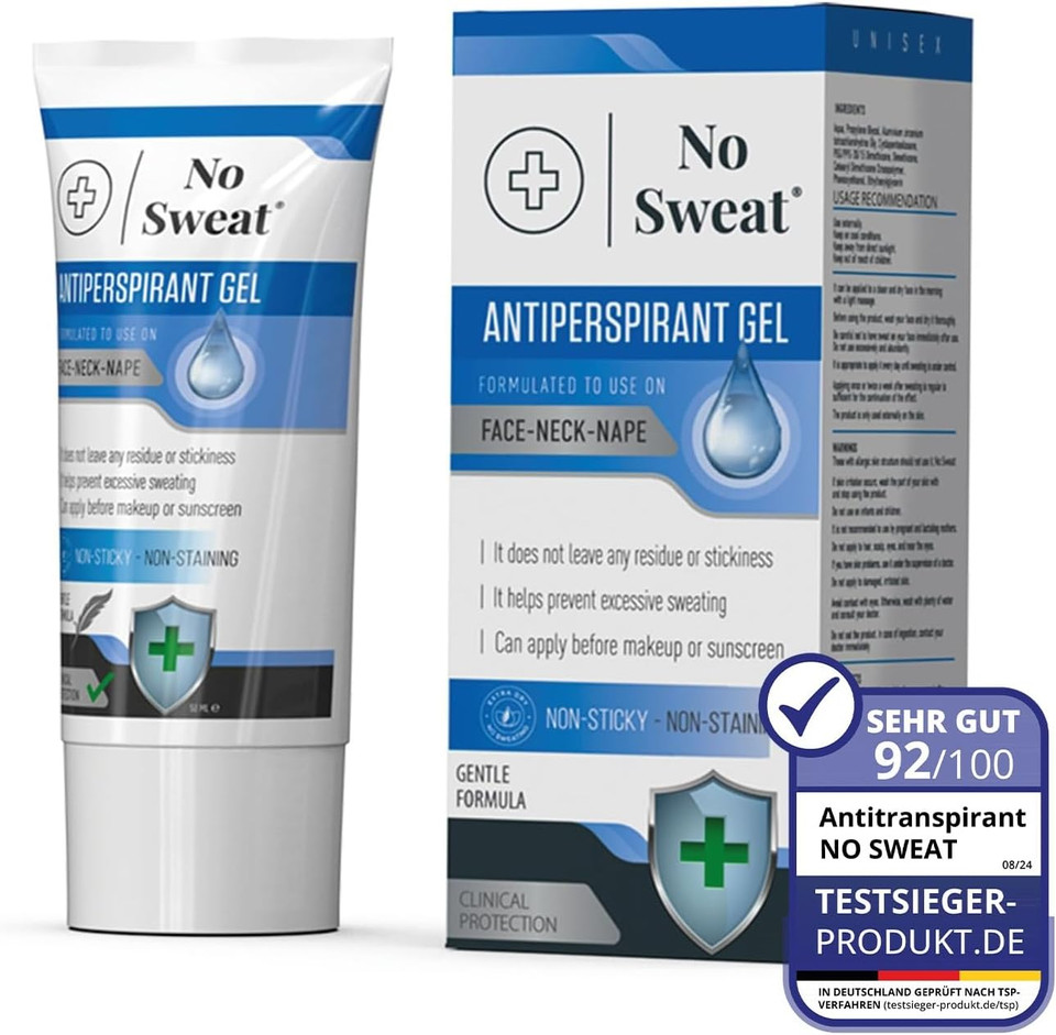 No Sweat Antiperspirant Gel 50 ML - Suitable Usage For Face-Neck-Nape Helps Prevent Excess Facial Sweating and Facial Shining-Suitable For Active Work and During Gym No Sweat Antiperspirant Gel 50 ML - Suitable Usage For Face-Neck-Nape Helps Prevent Excess Facial Sweating and Facial Shining-Suitable For Active Work and During Gym