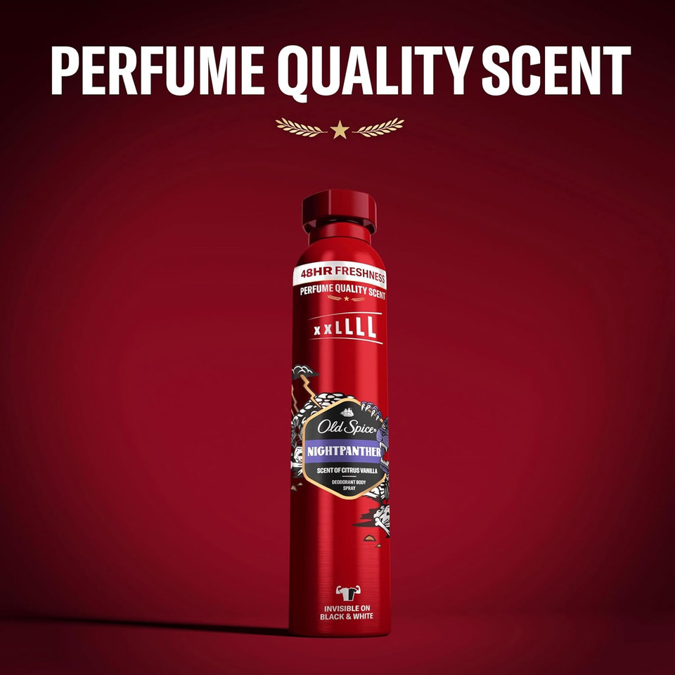 Old Spice Night Panther Deodorant Body Spray For Men 250 ml, 48H Fresh, 0% Aluminium Salts, Anti-White Marks and Yellow Stains