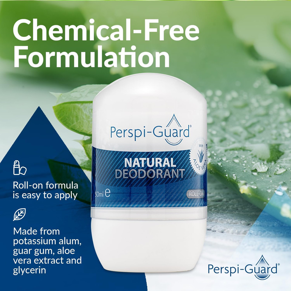 Perspi-Guard Natural Deodorant - Roll On Deodorant with Long-Lasting Odour Protection and Soothing Aloe Vera Extract - Vegan Friendly, Free from Alcohol, Parabens, and Aluminium Chloride - 50 ml