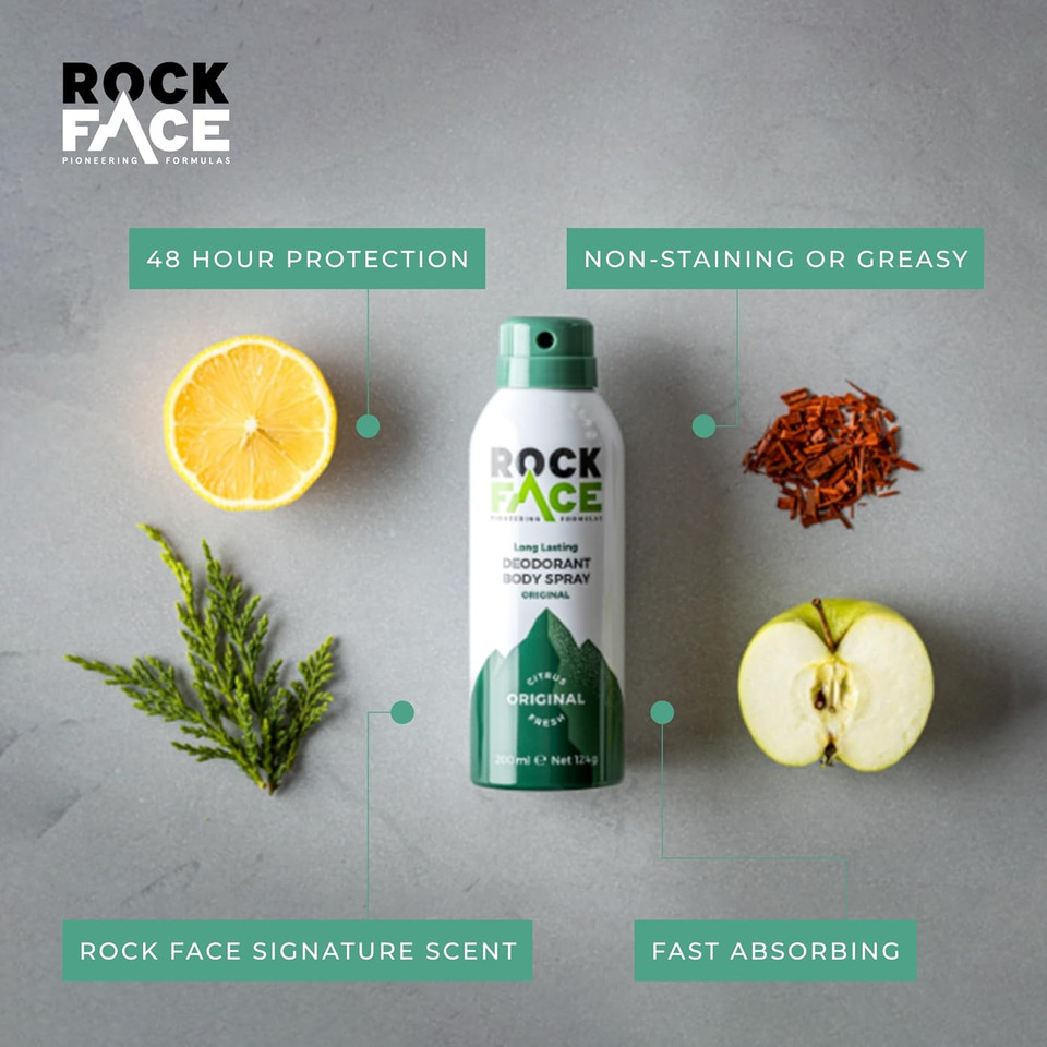 Rock Face Men's Body Spray - Original Fragrance Body Spray Deodorant for Men, 200ml, Fresh Citrus Scent, Long Lasting, Multipack of 6