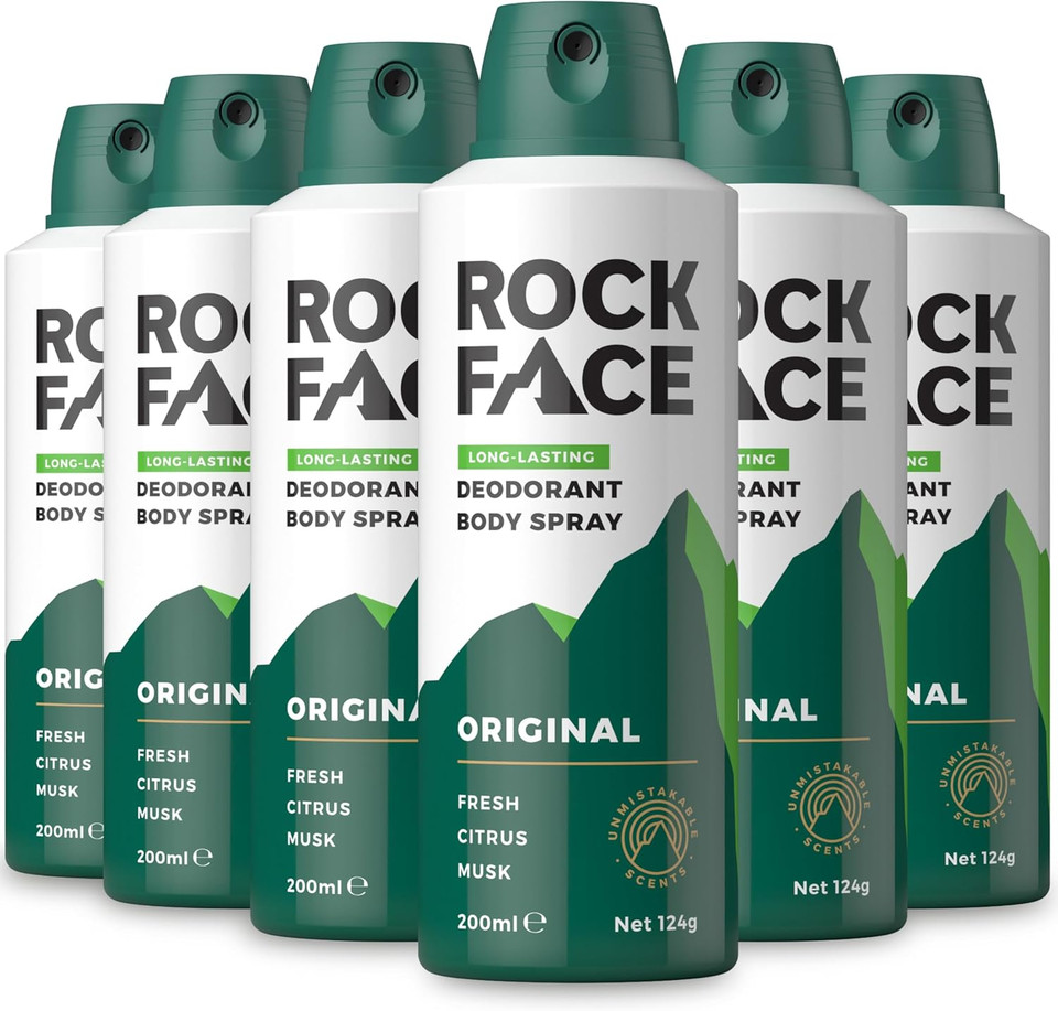 Rock Face Men's Body Spray - Original Fragrance Body Spray Deodorant for Men, 200ml, Fresh Citrus Scent, Long Lasting, Multipack of 6