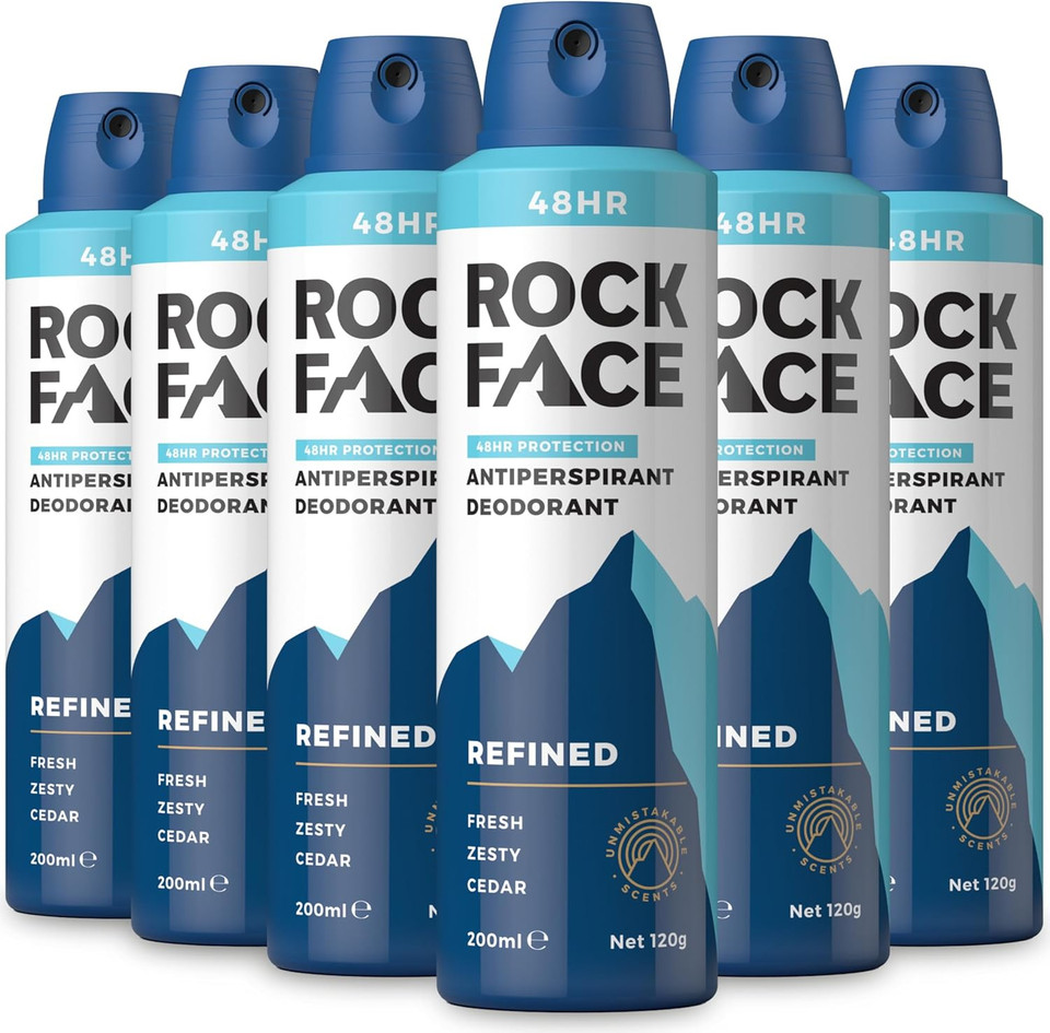 Rock Face Antiperspirant Deodorant for Men - Refined Sandalwood & Cedar Scent, 200ml Spray, 48 Hour Protection, Non-Staining, Multipack of 6