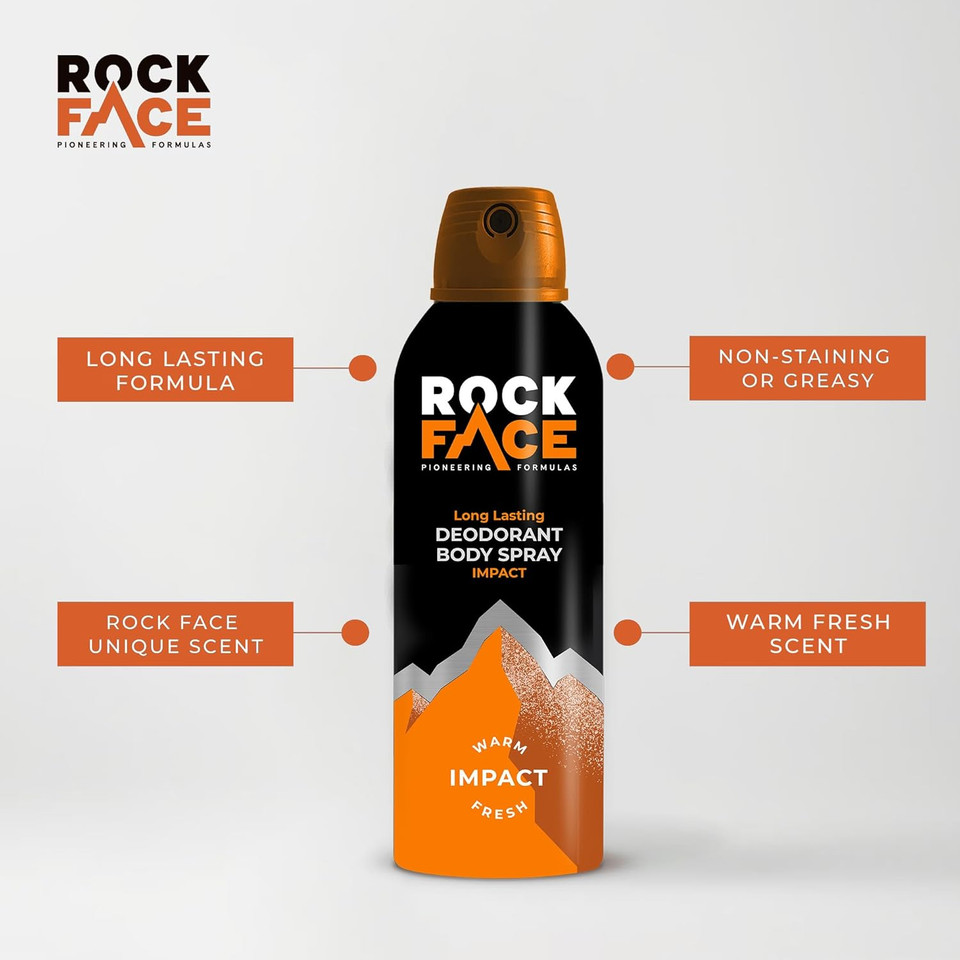 Rock Face Men's Body Spray - Impact Fragrance Body Spray Deodorant for Men, 200ml, Ginger & Amber Scent, Long Lasting, Multipack of 6