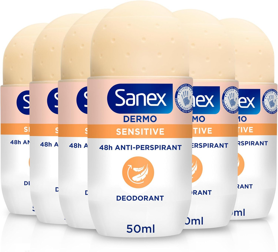 Sanex Dermo Invisible Roll-On Antiperspirant 6x50ml - antiperspirant deodorant - up to 48-hour sweat and odour protection - anti-stain protection - restores skins natural pH - dermatologically tested