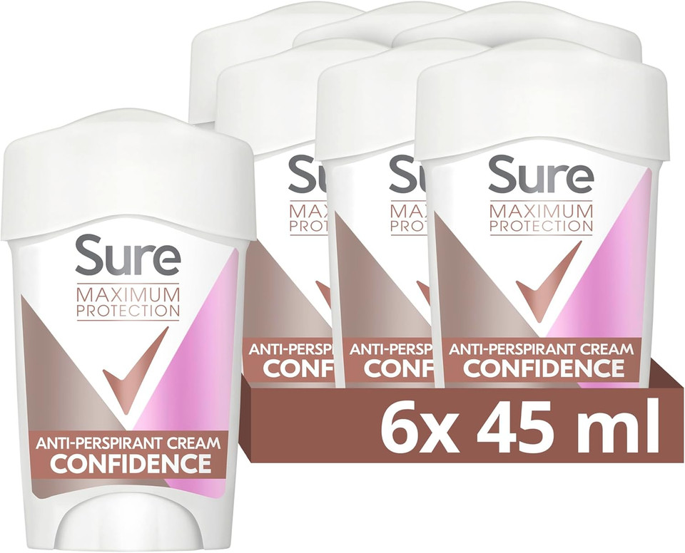 Sure Maximum Protection Confidence Anti-Perspirant Cream Women's Deodorant Stick with 3x stronger* sweat protection for 96 hour sweat and odour protection 6x 45 ml