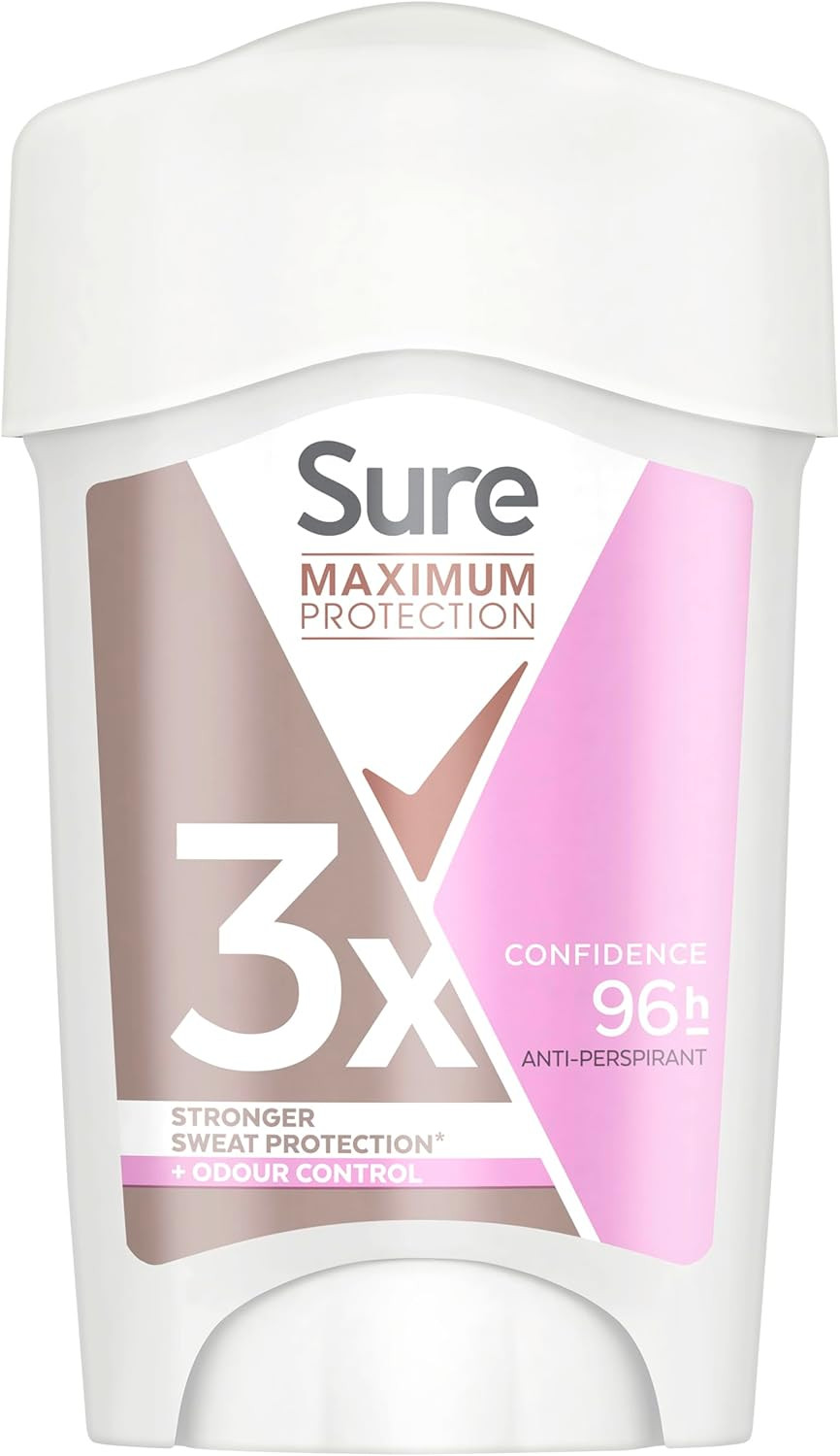 Sure Maximum Protection Confidence Anti-Perspirant Cream Women's Deodorant Stick with 3x stronger* sweat protection for 96 hour sweat and odour protection 6x 45 ml