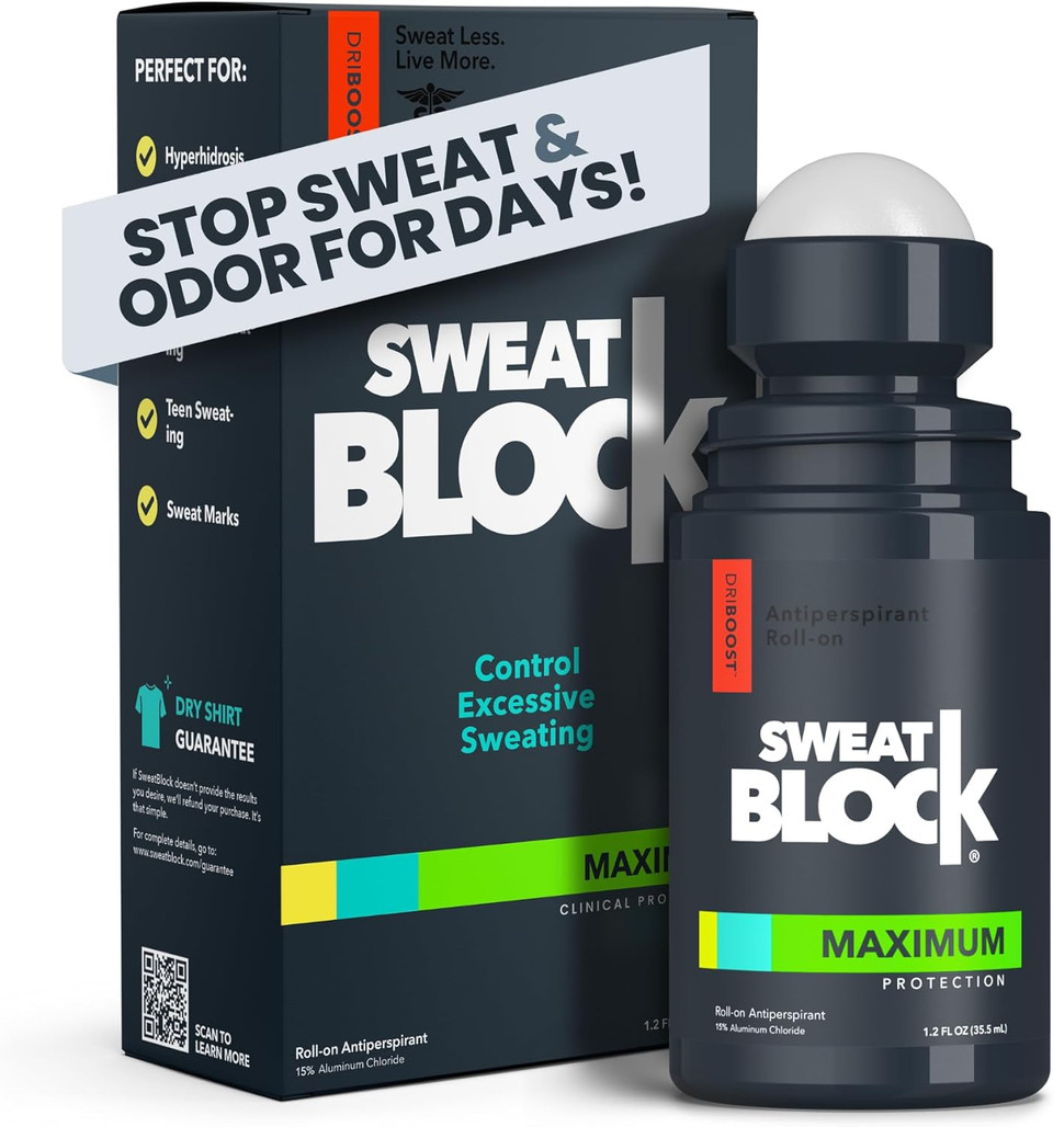 SweatBlock Antiperspirant Roll-on - Maximum Clinical Strength Antiperspirant for Women & Men perfect for Hyperhidrosis, Excessive Sweat, & Odor - Block Sweat for Days Per Use - 1.2 FL OZ