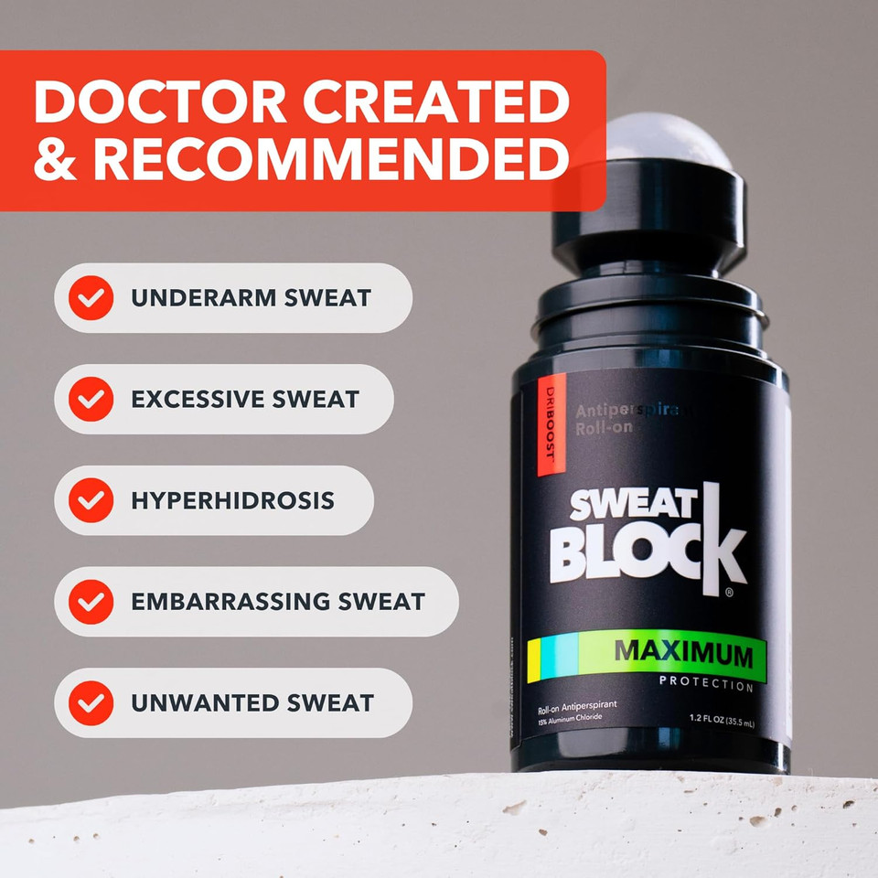 SweatBlock Antiperspirant Roll-on - Maximum Clinical Strength Antiperspirant for Women & Men perfect for Hyperhidrosis, Excessive Sweat, & Odor - Block Sweat for Days Per Use - 1.2 FL OZ