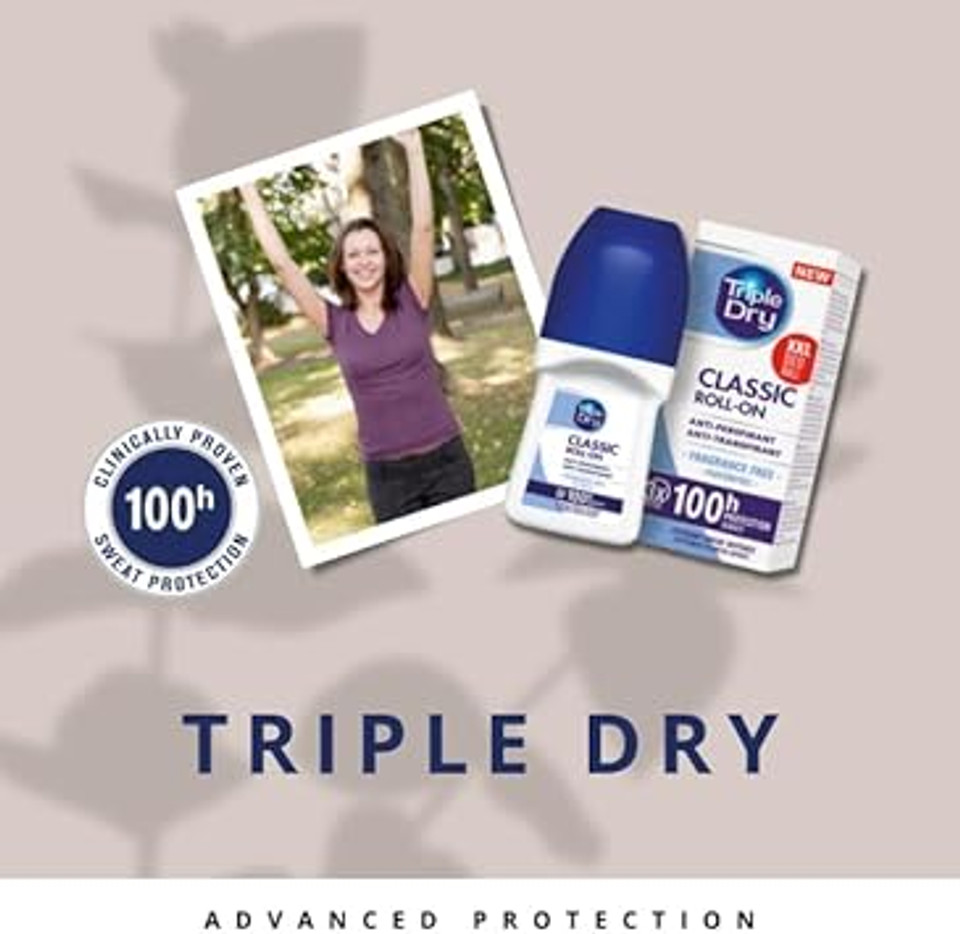 Triple Dry Original Anti-Perspirant Roll On 50ml | 72-Hour Protection Against Excessive Sweating| Fights Odour| Triple Active Formula | Fragrance-Free | Clinically Proven | Unisex