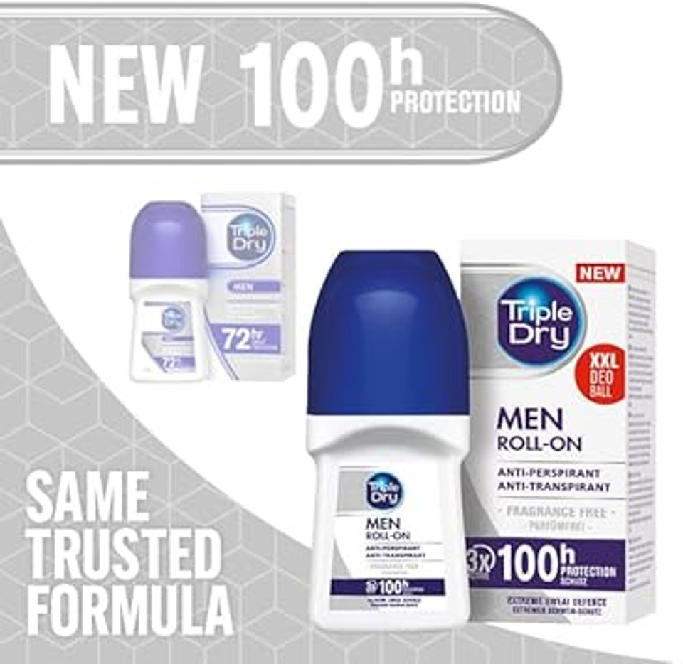 Triple Dry Men | Anti-Perspirant Roll On 50ml | 72-Hour Protection Against Excessive Sweating | Fights Odour | Triple Active Formula | Fragrance-Free | Clinically Proven | Male