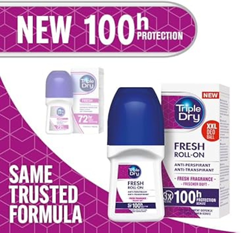 Triple Dry Women | Fresh Fragrance Anti-Perspirant Roll On 50ml | 100-Hour Protection Against Excessive Sweating | Fights Odour | Triple Active Formula | Clinically Proven | Female