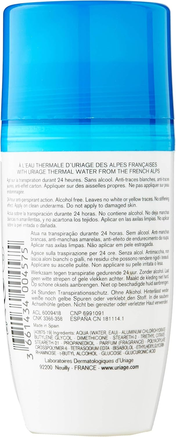 Uriage Power3 Antiperspirant Deodorant Roll-on - 24H Sweat & Odor Efficacy - Dry Touch - No White Marks, No Yellow Stains - Fresh Unisexe Scent - Long-lasting Formula - Alcohol-free - Hypoallergenic