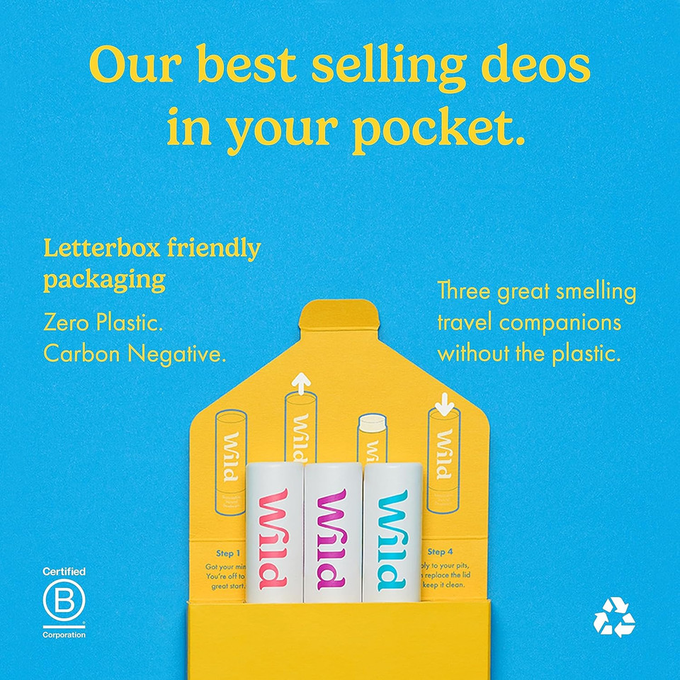 Wild - Pack of 3 Mini Deodorants - Natural Ingredients & Aluminium Free - Long Lasting Protection - Great for Holiday & Travel - Plastic Free - Vegan & Eco-Friendly - Trial Size