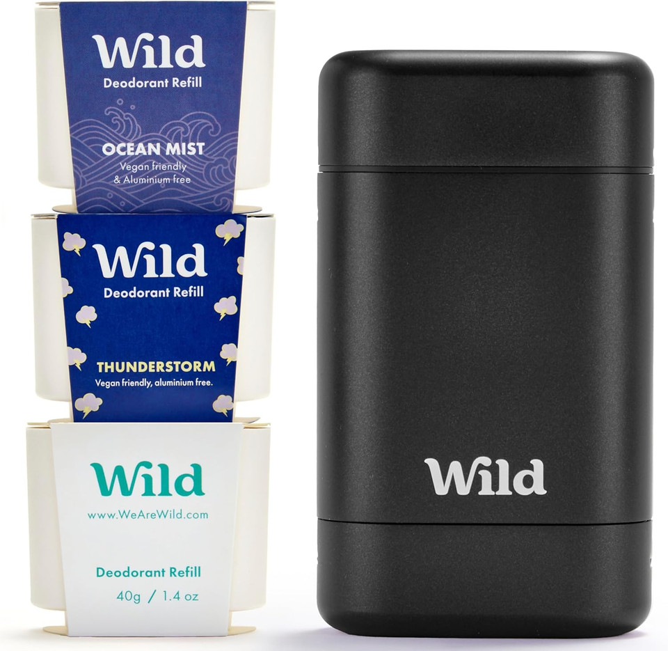 Wild - Mens Natural Refillable Deodorant Starter Kit - Black Case with Fresh Cotton & Sea Salt, Ocean Mist & Thunderstorm Scents - Long Lasting Protection - Aluminium Free - Vegan & Eco-Friendly