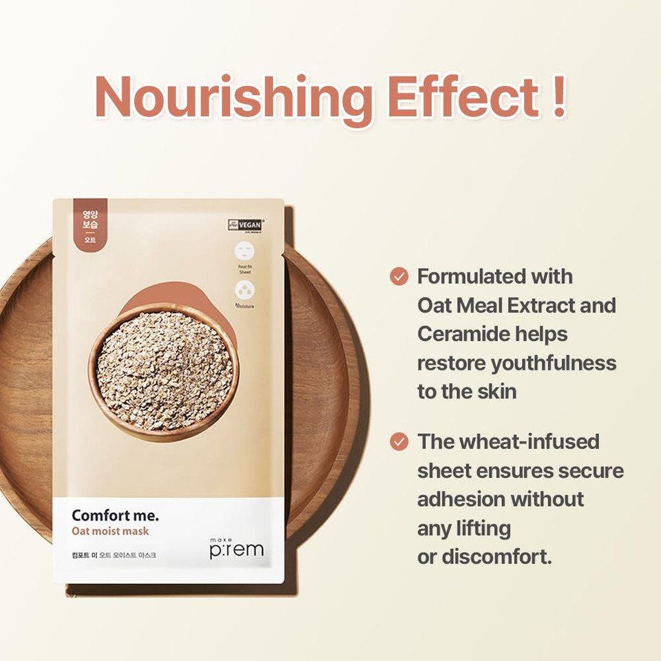 Make Prem Comfort Me Oat Moist Mask Pack, Vegan Korean Face Mask, Ultra Nourishing With 85% Avena Sativa (Oat) Meal Extract, Hydrating Essential Korean Sheet Mask With Ceramide, Oatmeal, 25Ml, 0.84 Fl.Oz.X10Pcs
