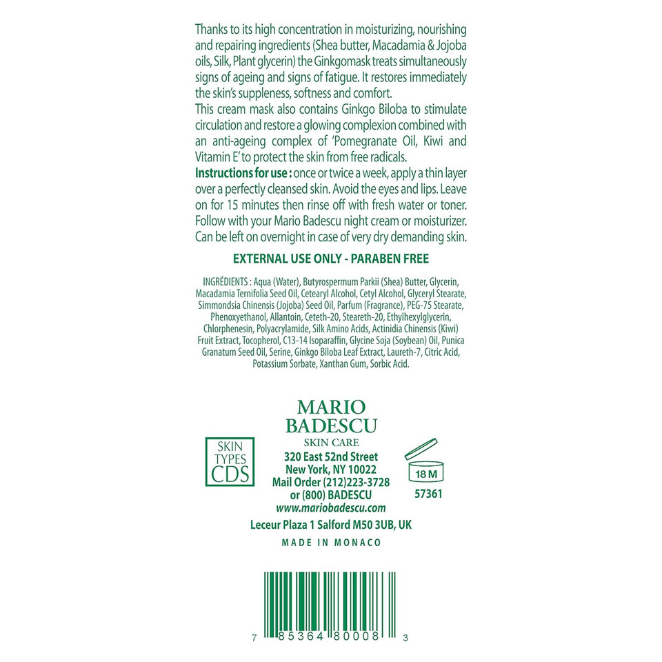 Mario Badescu Ginkgo Mask, Hydrating Skin Care Face Mask For Men And Women With Shea Butter And Vitamin E, Nourishing Facial Mask For Softer, Smoother, Radiant Complexion, 2.5 Oz