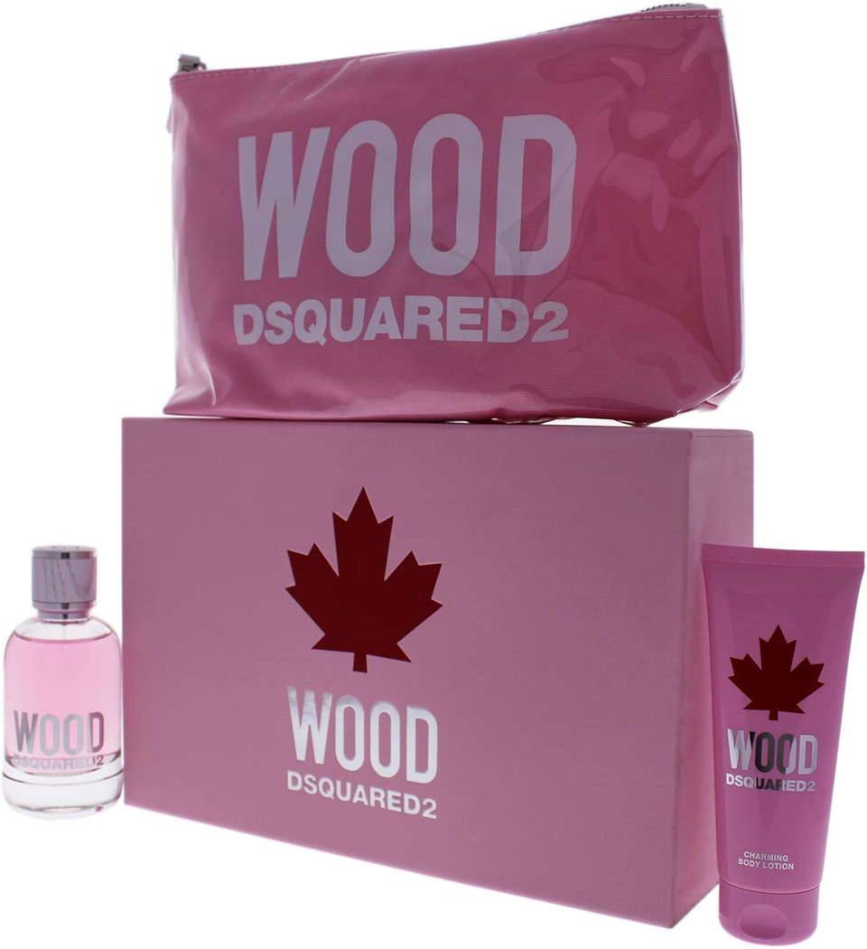 DSquared Wood by Dsquared2 for Women - 3 Pc Gift Set 3.4oz EDT Spray, 3.4oz Body Lotion, Pink Wood Pouch, 100 Milliliters, I0095085