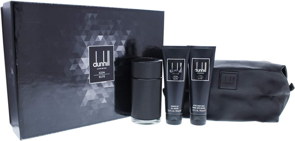 Dunhill Icon Elite For Men 4 Pc Gift Set 3.4Oz Edp Spray, 3Oz Shower Gel, 3Oz After Shave Balm, Pouch, Sandal Wood, Black Suede, 1427.0 gram