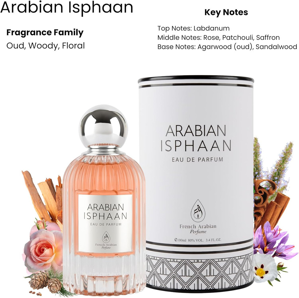 Arabian Isphaan 100ml EDP by French Arabian Perfumes | Unisex Eau de Parfum Oud Fragrance | Woody Floral Scent with Labdanum Rose Patchouli Saffron Oud & Sandalwood Notes | Luxury Oriental Perfume