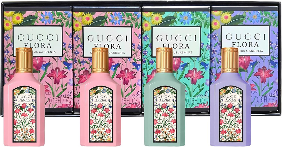 Gucci Flora Gorgeous 4 Piece Set for Women (Gardenia + Gardenia + Jasmine + Magnolia), 4×0.16 Ounce Parfum Spray
