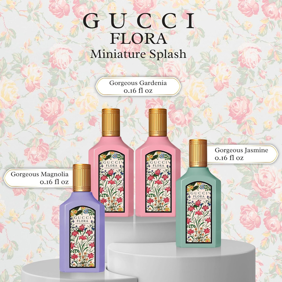 Gucci Flora Gorgeous 4 Piece Set for Women (Gardenia + Gardenia + Jasmine + Magnolia), 4×0.16 Ounce Parfum Spray