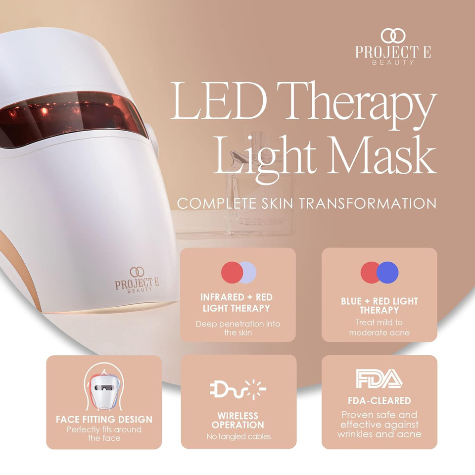Project E Beauty Led Light Therapy Mask Fda-Cleared | Infrared, Red & Blue Light Therapy | Collagen Boost | Anti-Wrinkle & Anti-Acne | Wireless Face Mask | Advanced Skincare | All Skin Types