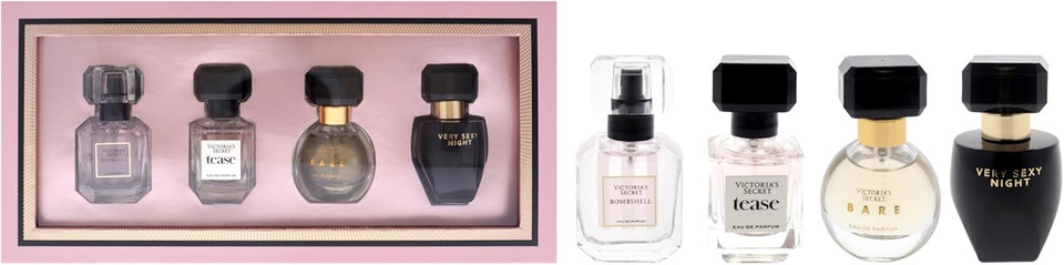 Fragrance Discovery Set by Victorias Secret for Women - 4 Pc Mini Gift Set 0.25oz Bombshell EDP Spray, 0.25oz Tease EDP Spray, 0.25oz Bare EDP Spray, 0.25oz Very Sexy Night EDP Spray