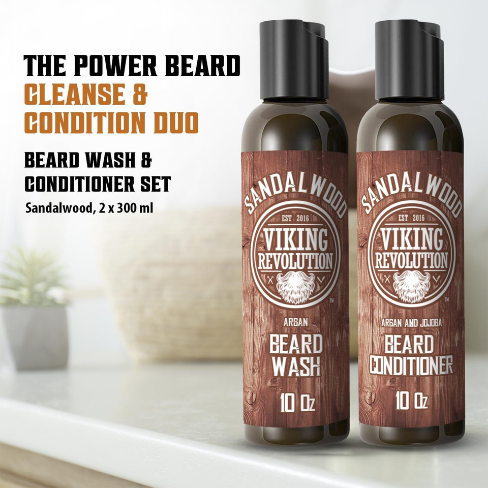 Viking Revolution - Beard Shampoo And Conditioner - Natural Beard Wash & Beard Conditioner With Argan & Jojoba Oils - Softens & Strengthens - Gifts For Men - Sandalwood - 2 x 150 ml Viking Revolution - Beard Shampoo And Conditioner - Natural Beard Wash & Beard Conditioner With Argan & Jojoba Oils - Softens & Strengthens - Gifts For Men - Sandalwood - 2 x 150 ml
